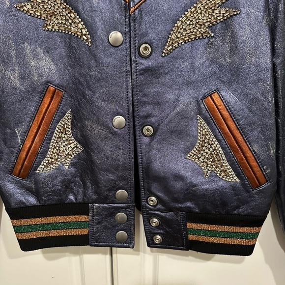 Coach Shrunken Leather Varsity Jacket In Metallic Cadet Blue I Size 2 - Picture 7 of 16